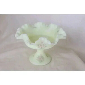 Vintage Fenton Custard satin, Ruffled Compote midcentury hand paintedLinda Bules